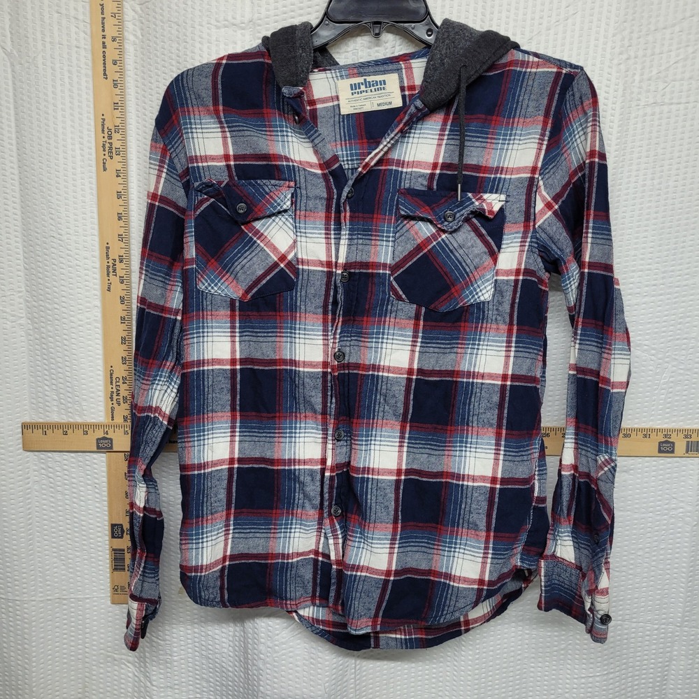 Urban Pipeline Mens Plaid Hooded Flannel Shirt Navy Blue Red White Size Medium